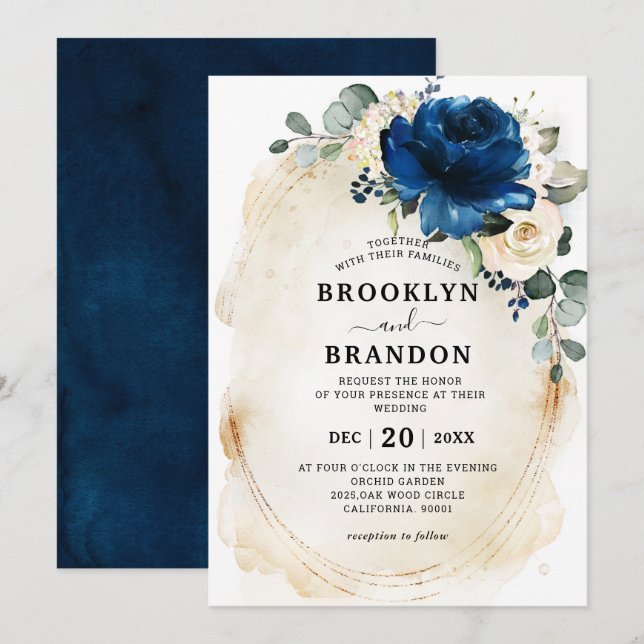 Navy Gold White Champagne Ivory Roses Wedding Invitation (Front/Back)