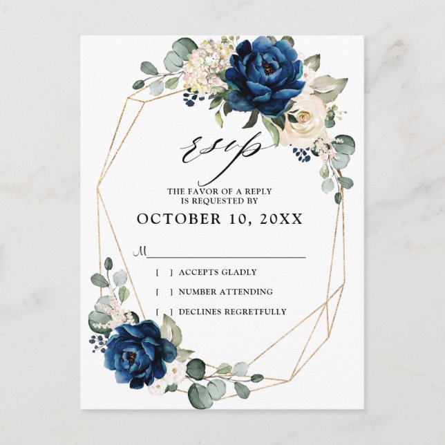 Navy Gold White Champagne Ivory Roses Wedding RSVP Postcard (Front)