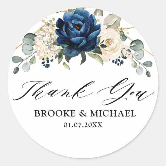Navy Gold White Champagne Ivory Thank you Classic Round Sticker (Front)