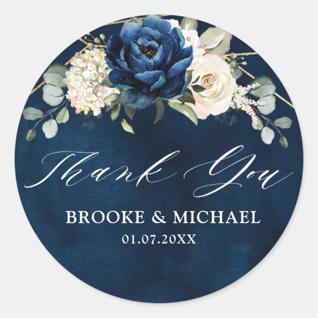 Navy Gold White Champagne Ivory Thank you Classic  Round Sticker (Front)