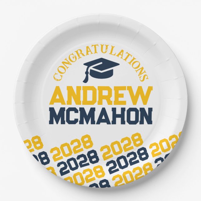 Navy & Gold White Half Repeat Grad Personalised Paper Plate (Front)