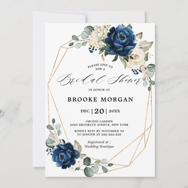 Navy Gold White Ivory Geometric Bridal Shower Invitation (Front)