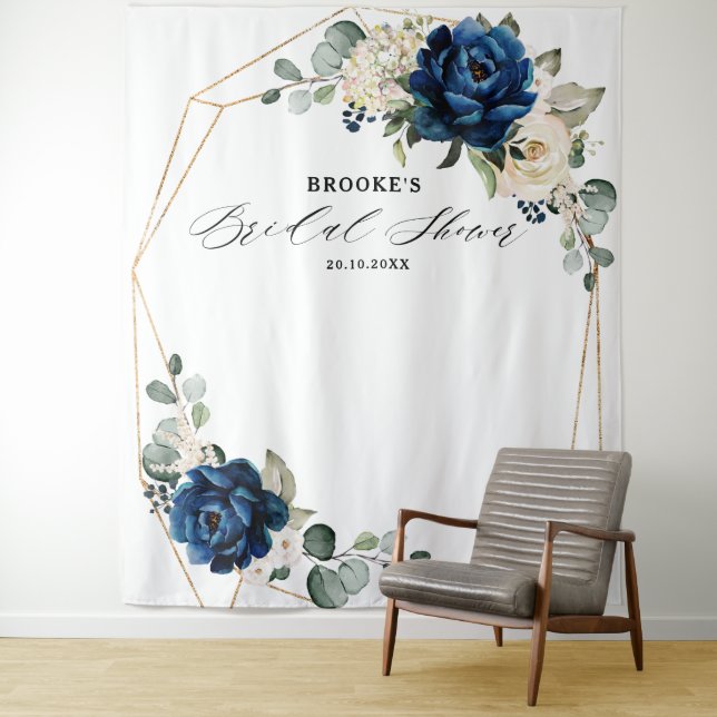 Navy Gold White Ivory Geometric Bridal Shower Tapestry (In Situ)