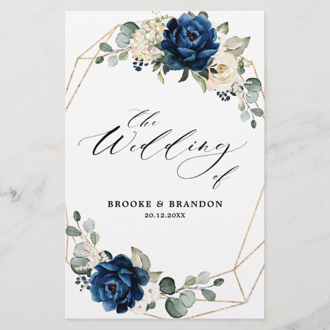 Navy Gold White Ivory Geometric Wedding Program (Front)