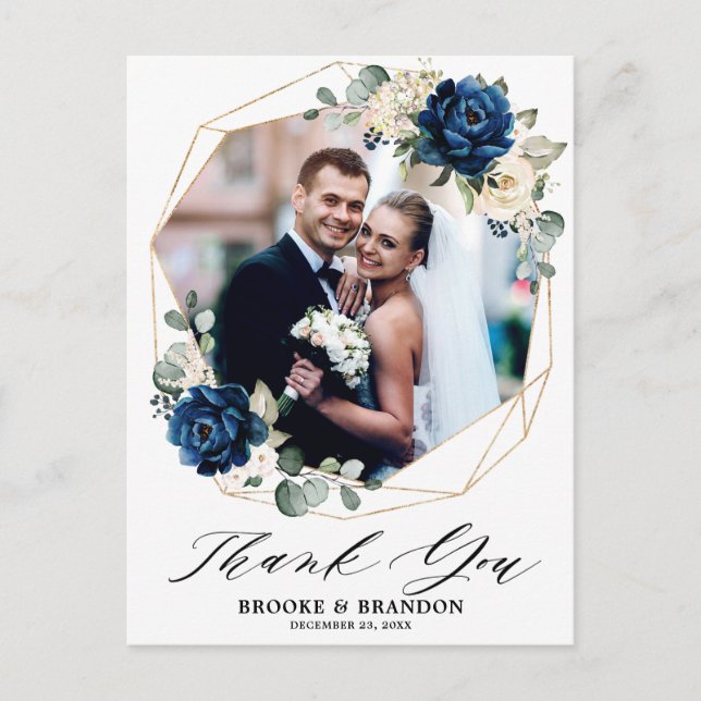 Navy Gold White Ivory Geometric Wedding Thank you Postcard (Front)