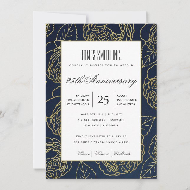NAVY GOLD WHITE ROSE FLORAL CORPORATE PARTY EVENT INVITATION (Front)