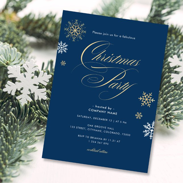 Navy Gold White Snowflake Office Christmas Party Invitation (Creator Uploaded)