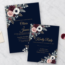 Navy Gold Winter Floral Wedding RSVP Card