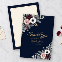 Navy Gold Winter Floral Wedding Thank You Card