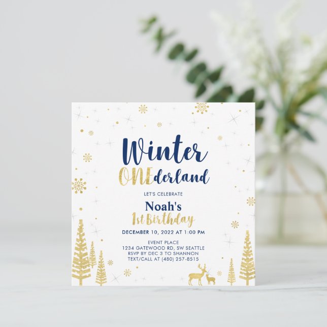 Navy & Gold Winter Onederland 1st First Birthday Invitation (Standing Front)