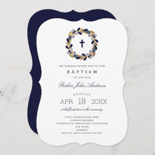 Navy Gold Wreath boy baptism invitation