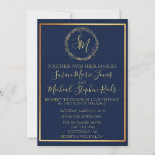 Navy Gold Wreath Monogram Calligraphy Wedding Invitation