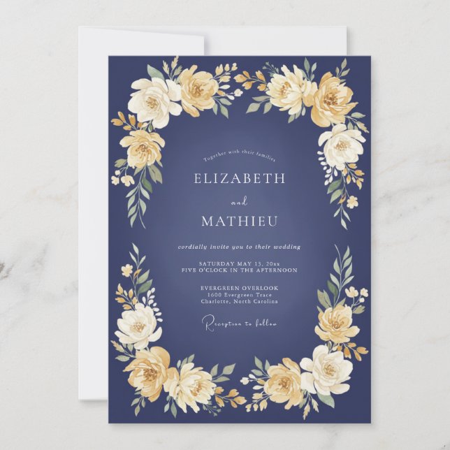 Navy Golden Bloom Wedding Invitation (Front)