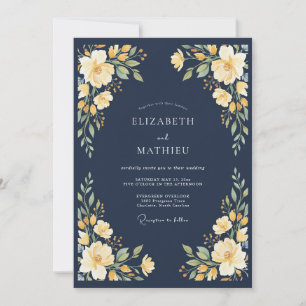 Navy Golden Blossom Romance Wedding Invitation