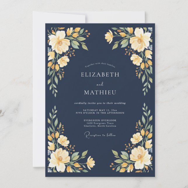 Navy Golden Blossom Romance Wedding Invitation (Front)
