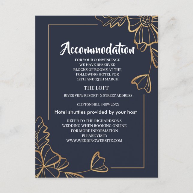 Navy & golden floral  Accommodation Announcement Postcard (Front)
