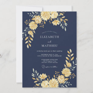 Navy Golden Floral Flourish Wedding Invitation