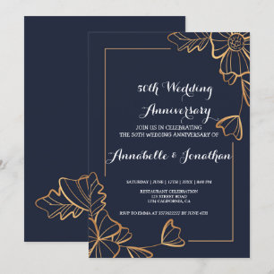 Navy & golden floral   Wedding Anniversary Invitation