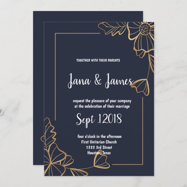 Navy & golden floral  wedding invitation (Front/Back)