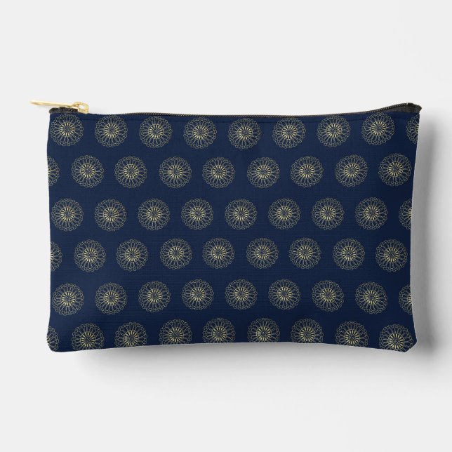 Navy | Golden Zinnia Flower Medallions Accessory Pouch (Front)