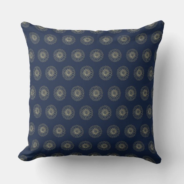Navy | Golden Zinnia Flower Medallions Cushion (Front)