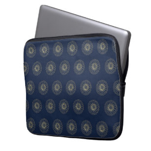 Navy Golden Zinnia Flower Medallions Laptop Sleeve