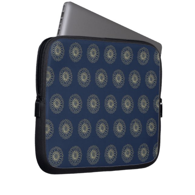 Navy | Golden Zinnia Flower Medallions Laptop Sleeve (Front Right)