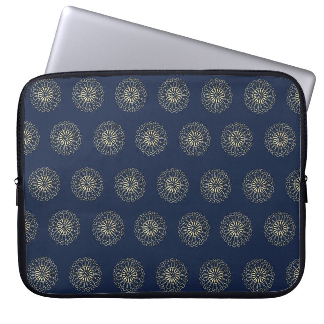 Navy | Golden Zinnia Flower Medallions Laptop Sleeve (Front)