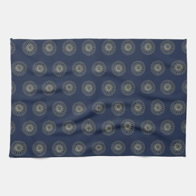 Navy | Golden Zinnia Flower Medallions Tea Towel (Horizontal)