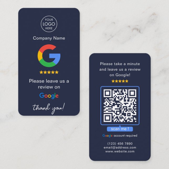 Navy Google Reviews QR Code Business Review Us Business Card (Front/Back)