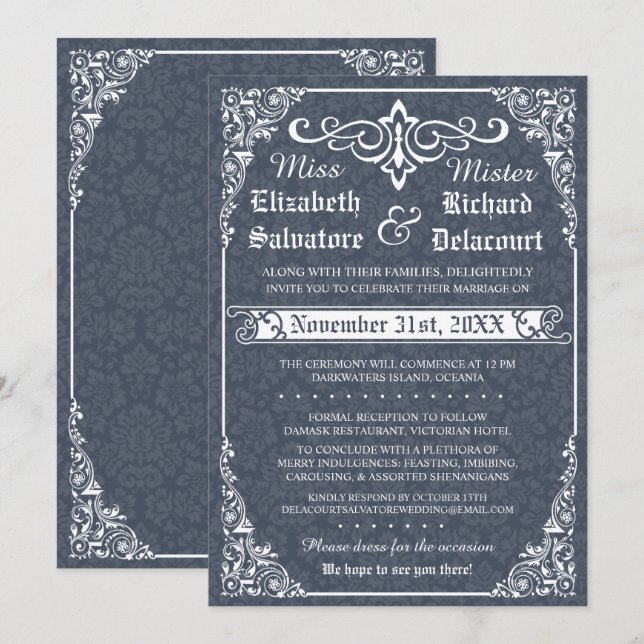 Navy Gothic Victorian Damask Wedding Invitation (Front/Back)