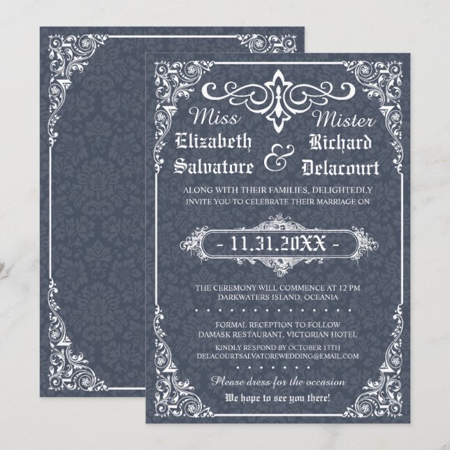 Navy Gothic Victorian Damask Wedding Invites (Front/Back)
