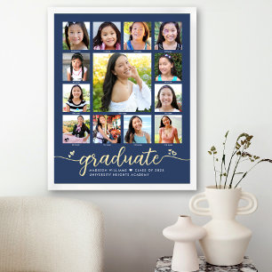 Navy Graduate K–12 Photo Collage Script Real Gold Foil Prints
