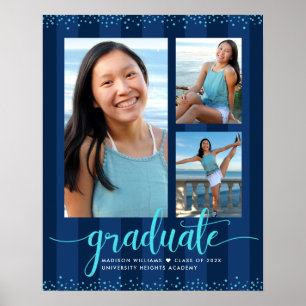 Navy Graduation 3 Photo Turquoise Glitter Script Poster