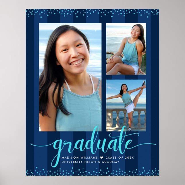 Navy Graduation 3 Photo Turquoise Glitter Script Poster (Front)