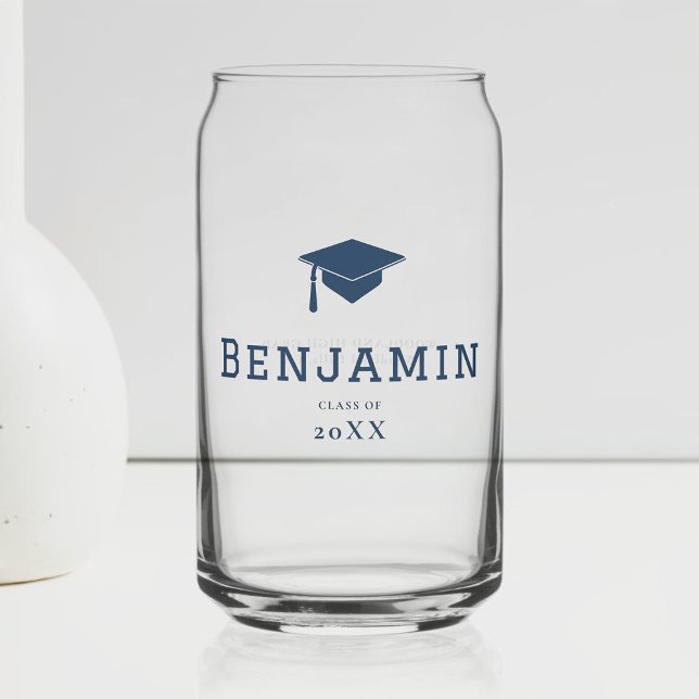 Navy Graduation Cap Typography Custom Gift Can Glass (graduation party personalized can glass grad gift high school college boys men typography navy blue)
