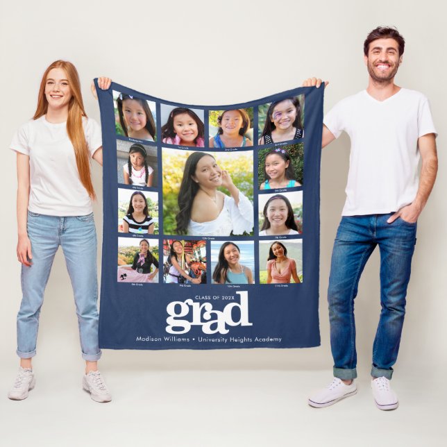 Navy Graduation K–12 Photo Collage Bold Modern Fleece Blanket (In Situ)