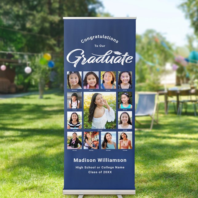 Navy Graduation K–12 Photo Collage Modern Script Retractable Banner (Creator Uploaded)