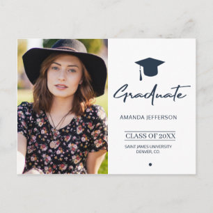 Navy Graduation   Modern script simple photo Postcard