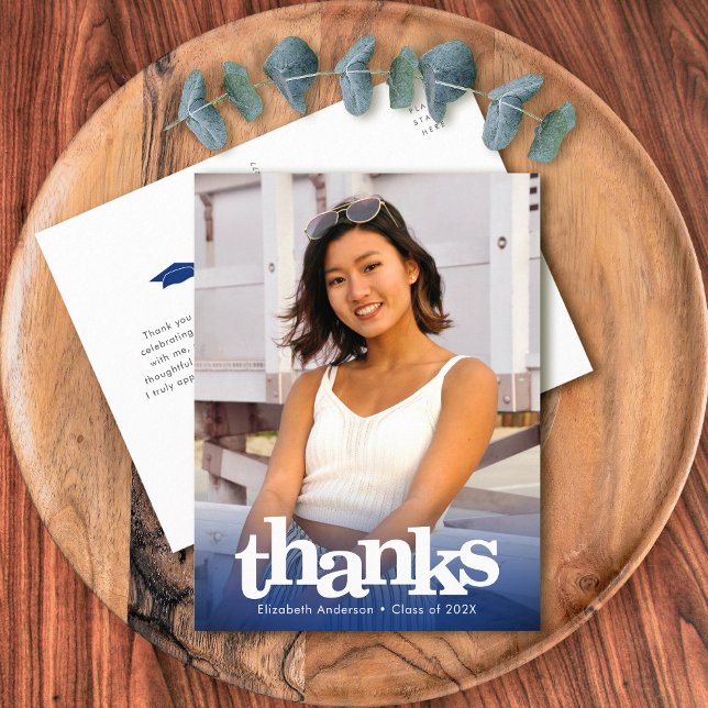 Navy graduation photo bold typography thank you postcard (Creator Uploaded)