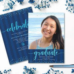 Navy graduation photo turquoise glitter script invitation