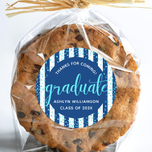 Navy Graduation Turquoise Glitter Confetti Script  Classic Round Sticker