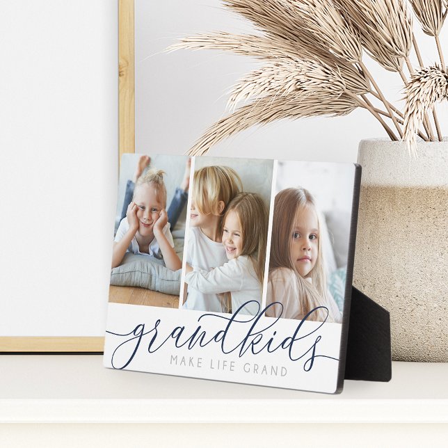 Navy | Grandkids Make Life Grand 3 Photo Collage Plaque (Creator Uploaded)