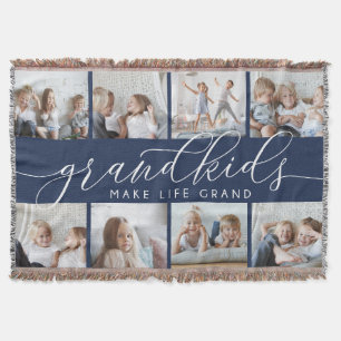 Navy   Grandkids Make Life Grand Photo Collage Throw Blanket