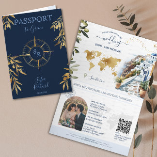 Navy Greece Destination Wedding Passport QR Code Invitation