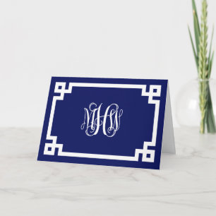 Navy Greek Key #2 Framed 3 Init Vine Monogram Note Card