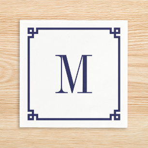 Navy Greek Key Border Monogram Napkin
