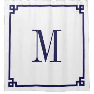 Navy Greek Key Border Monogram Shower Curtain