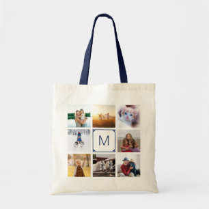 Navy Greek Key Monogram 8 Photo Collage Tote Bag
