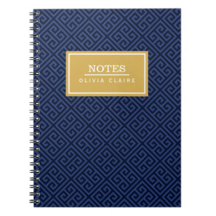 Navy Greek Key Pattern Gold Name Template Notebook
